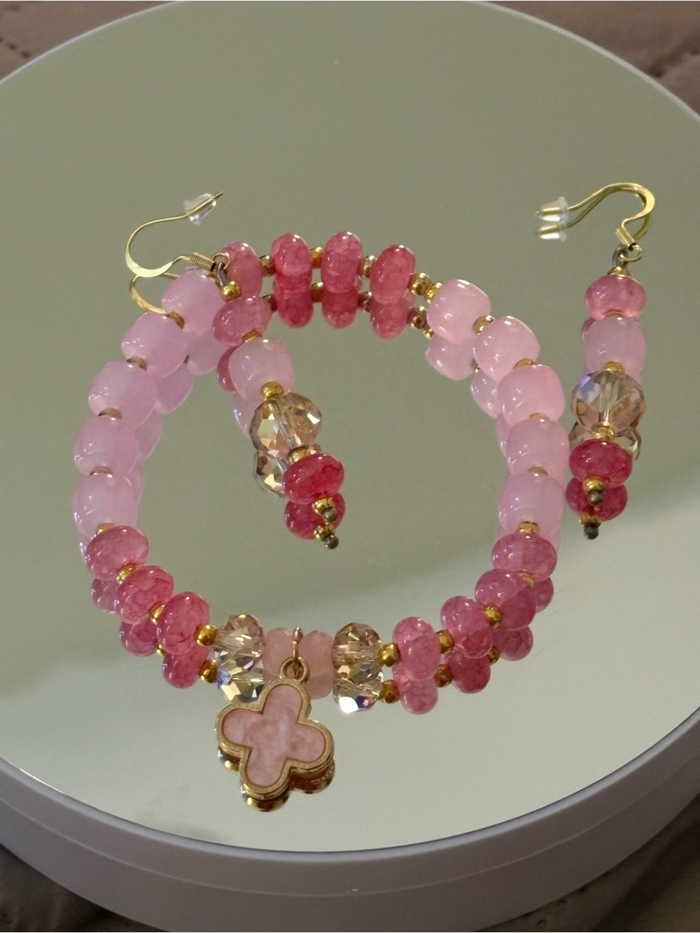 Pink Beaded stretch bracelet with clover charm + matching Earrings New
